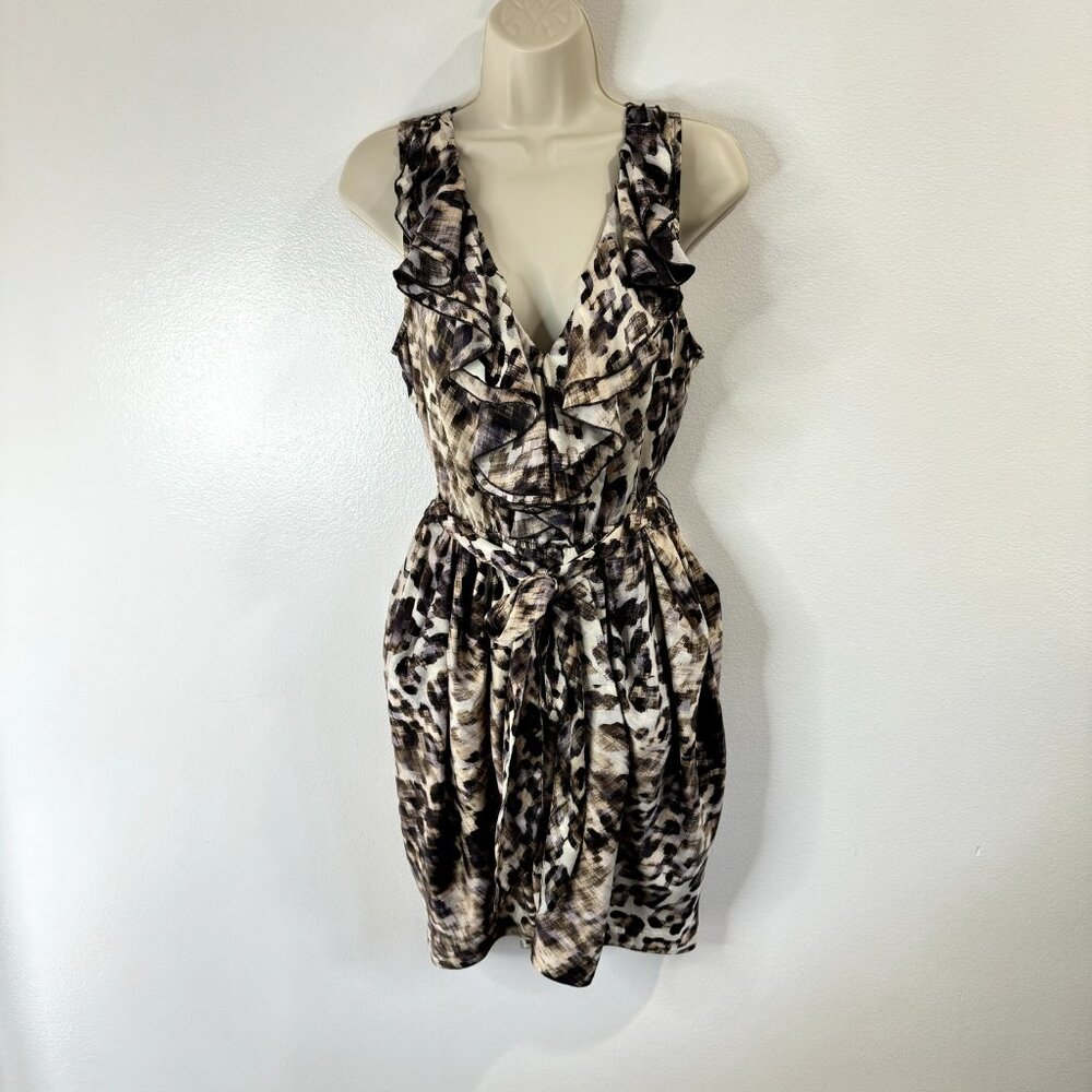 H&M Dress Size 12 Fit & Flare Satin Leopard Ruffle Brown Black Belted Stretch